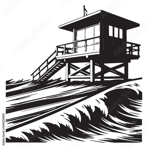 Illustration of a lifeguard tower on a beach with crashing waves, isolated on white background, perfect for conveying themes of safety, summer, and coastal vacations in a simple design