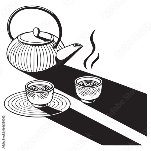 Illustration of a teapot with two cups of tea, isolated on white background, showcasing a traditional asian tea ceremony with steaming cups and a vintage kettle in black and white