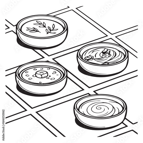Isometric illustration of four bowls of soup with various ingredients on a tiled table, showcasing different cuisines and flavors isolated on white background perfect for restaurant menu design