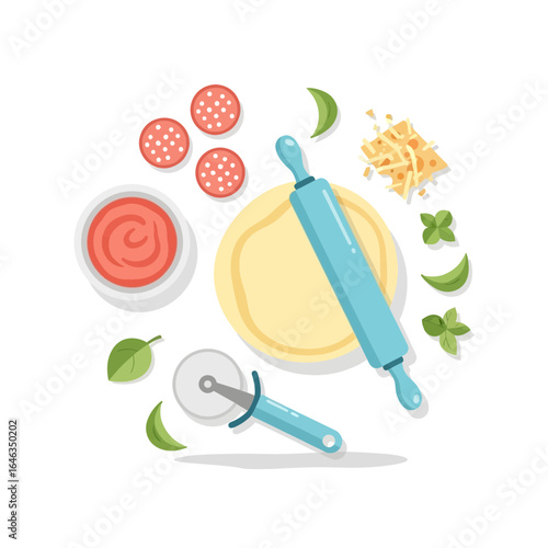Pizza making ingredients arranged in a flat lay design ready for creating delicious homemade pizza, perfect for cooking blogs and culinary designs, food lovers rejoice!