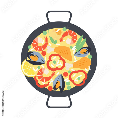 Delicious seafood paella with lemon, mussels, and shrimp, inviting food illustration for restaurant menus and culinary designs, vibrant and appetizing dish ideal for food lovers