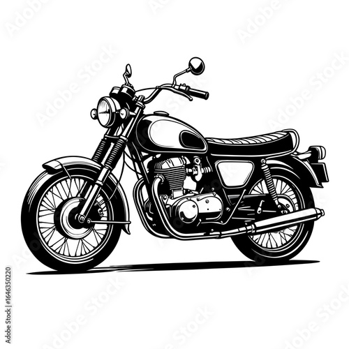 Illustration of a classic motorcycle with detailed engine and spoked wheels in monochrome style