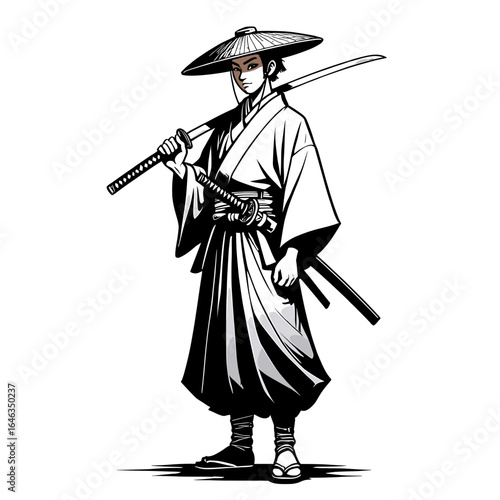 A warrior with katana and straw hat stands, dressed in traditional japanese clothing, holding sword