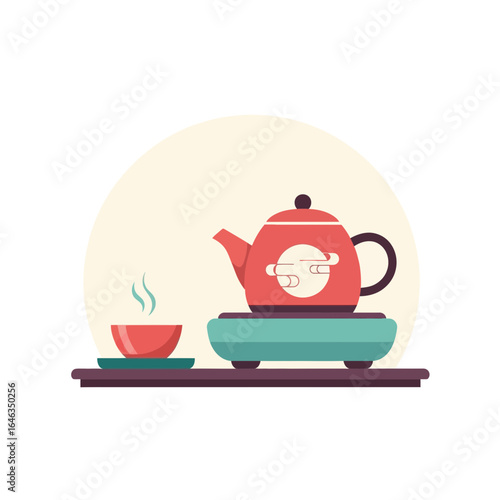 Delight in the Serenity of Tea Time: A Modern Teapot and Steaming Cup Evoke Calm and Relaxation, Perfect for Lifestyle and Wellness Content, originally a scalable vector graphic
