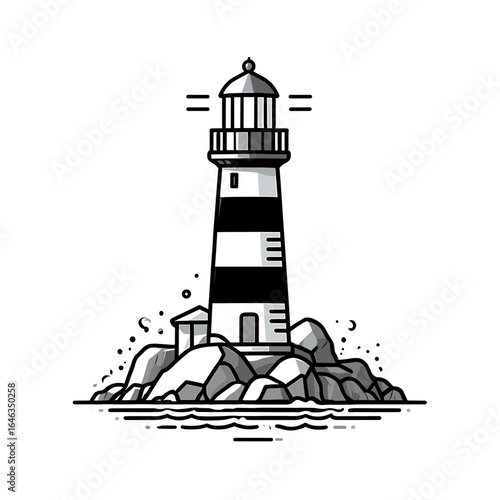 Lighthouse stands tall with stripes and a beacon atop rocky island surrounded by gentle waves design
