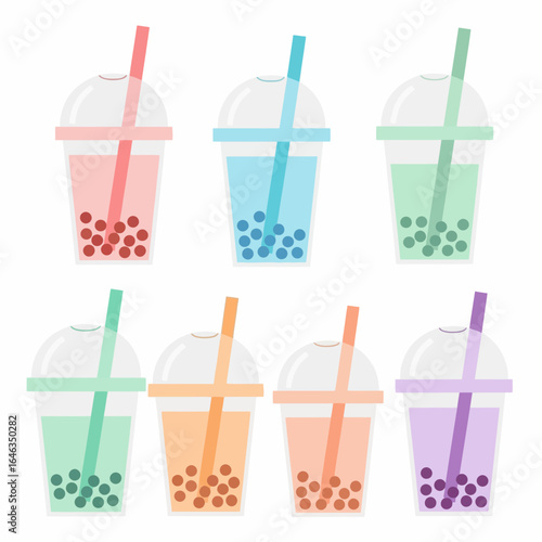 Trendy bubble tea drinks in vibrant pastel colors, perfect for social media marketing, eye-catching menu designs, or modern food blog illustrations, appealing to a youthful audience