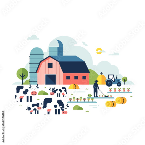 Charming rural scene with a farmer tending crops near a classic barn, cows grazing peacefully in the pasture under a bright sun, evoking a sense of idyllic farm life