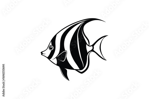 Black and white illustration of a Moorish idol fish isolated on a white background silhouette