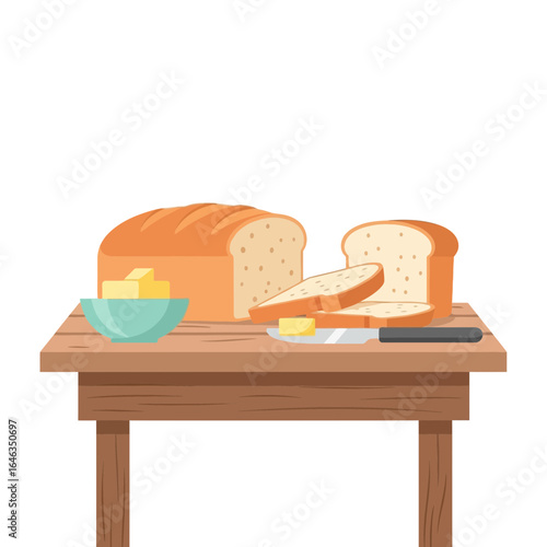 Freshly baked bread loaf with butter, perfect for breakfast or a healthy snack, inviting culinary projects and comforting food designs for your next mouthwatering creation