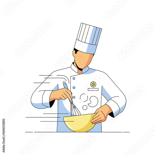 Dedicated chef expertly whisking ingredients in bright bowl, culinary arts and food preparation, perfect for restaurant promotions, cooking tutorials and food blogs, scalable vector graphic
