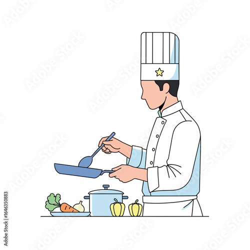 A professional chef in a white uniform and hat skillfully prepares food in a kitchen with fresh vegetables.