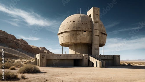 Isolated brutalist concrete military bunker in a vast, arid desert landscape under a wide sky