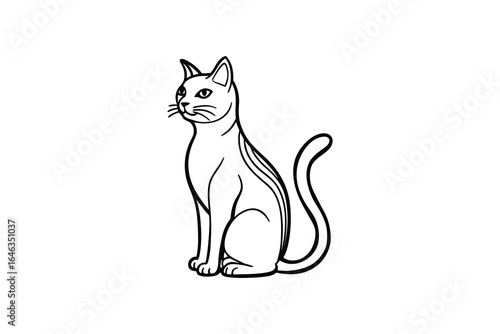 Black and white line drawing of a cat sitting and looking to the side with tail wrapped around body silhouette