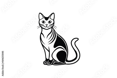 Black and white illustration of a cat sitting and looking at the viewer with a smiling face silhouette