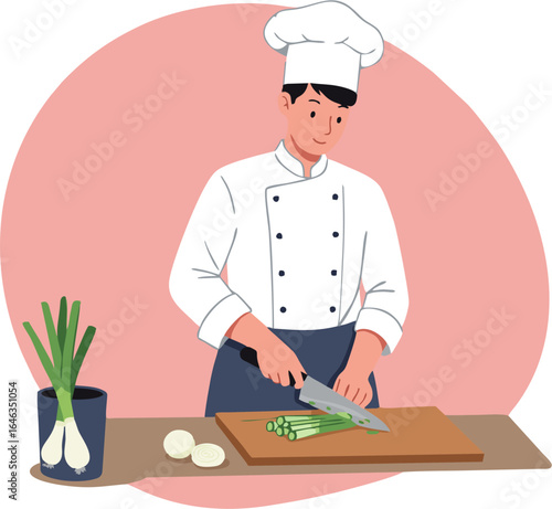 A professional male chef in a white uniform and hat diligently chops fresh green onions on a wooden cutting board.