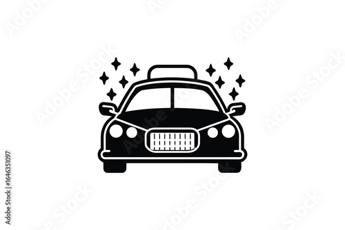 Black and white illustration of a taxi cab with sparkles around it on a white background silhouette