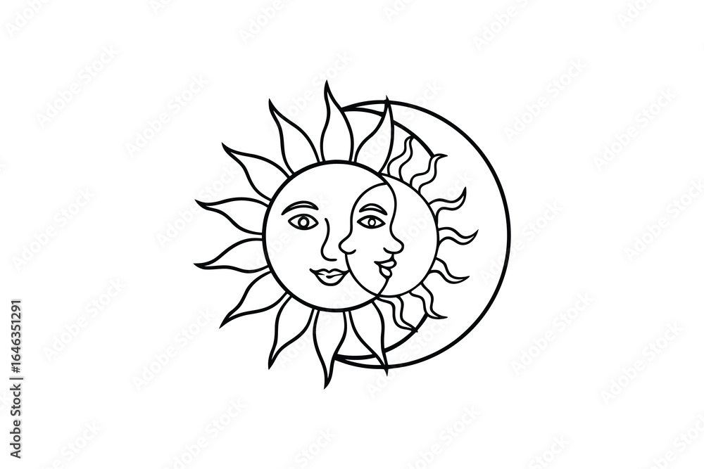 Obraz premium Simple black and white line art illustration of sun and moon celestial bodies with human faces silhouette