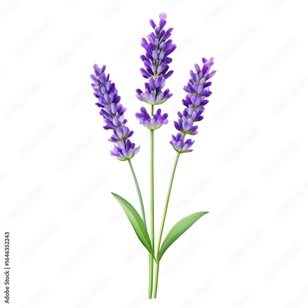 Fototapeta premium Three Stems of Purple Lavender Flowers with Green Leaves on Transparent Background floral plant isolated on a transparent background