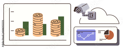 Stacked coins, line graphs, pie chart on screen, security camera, cloud integration. Ideal for finance, data analysis, growth cloud computing security monitoring business strategy. Simple flat