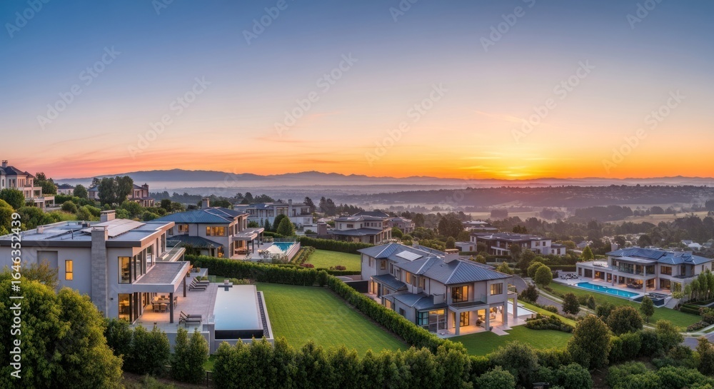 Fototapeta premium Luxury Suburban Homes with Swimming Pools at Sunset