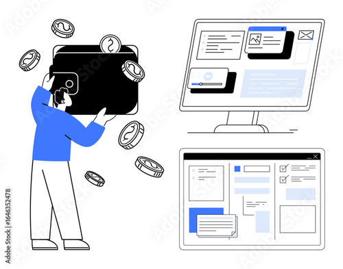 Man holding oversized wallet while coins float around, accompanied by computer screens showcasing desktop and web interfaces. Ideal for finance, technology, e-commerce, online payment, web design
