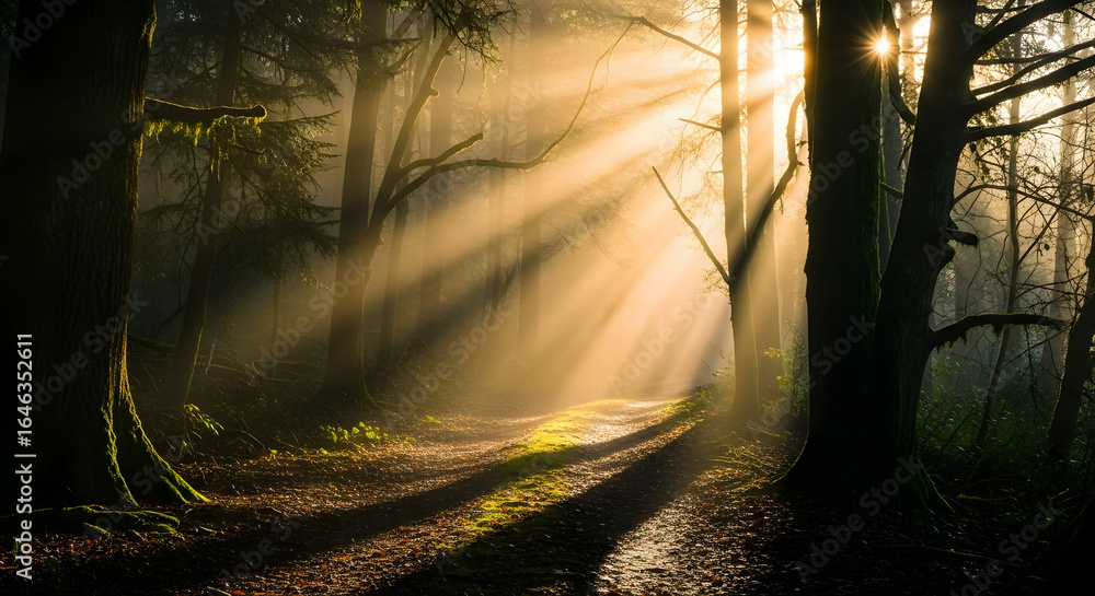 Obraz premium Dramatic sunrays pierce the dense canopy, illuminating a peaceful forest trail.