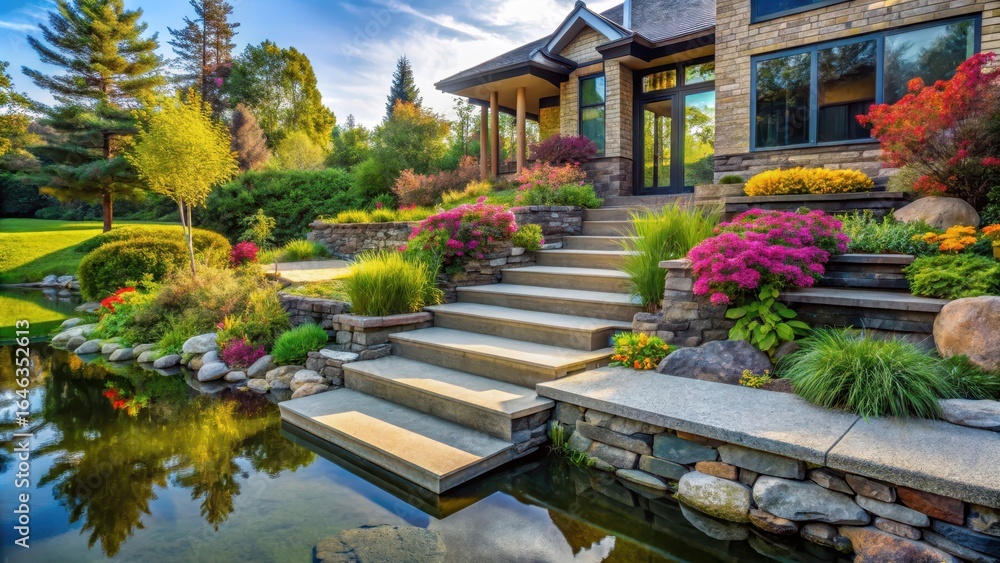 Obraz premium Modern home with stone steps leading to a serene pond surrounded by lush greenery and vibrant flowers