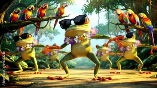 Funky Frogs and Parrots Tropical Party A Vibrant Illustration of Cool Amphibians and Colorful Birds Dancing in a Lush Jungle Paradise