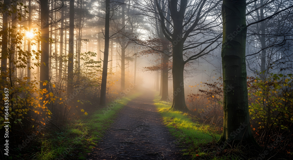 Obraz premium Foggy Forest Path at Sunrise A Mystical Autumn Morning