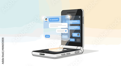 Futuristic smartphone displaying chat messages with holographic interface, digital communication concept 