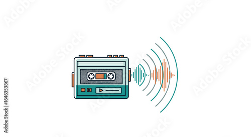 Retro cassette tape player emitting sound waves illustration, white background, vintage audio design