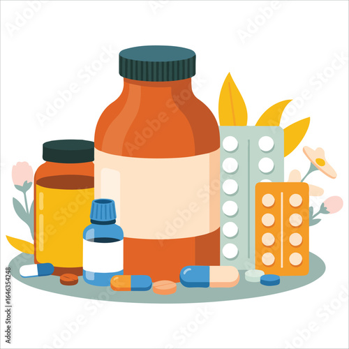 Vitamin bottles pills flat vector illustration pharmacy