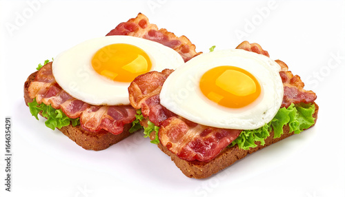 Fried egg fried bacon sandwich on a white isolated background.