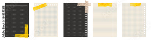 Copybook Notebook Notepad Paper with Washi Tape Strip Grid Lined Squared Plan Page Paper Vector Note Set