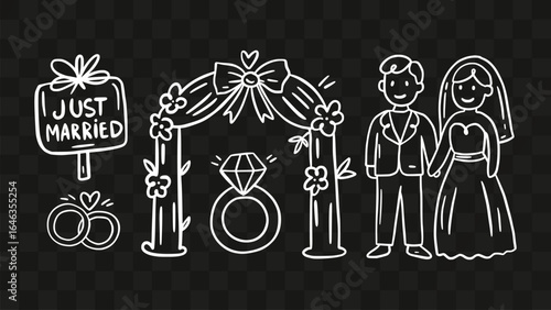 Wedding Doodle Sketch Icon Set Vintage Party Love Vector Couple and Ceremony Outline Elements