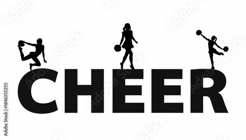Cheer typography graphic with cheerleader silhouettes in various poses. Vector design for team spirit, sports, and athletic events.