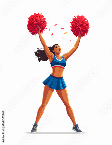 Dynamic illustration of a spirited cheerleader in a blue uniform, joyfully raising red pom-poms to celebrate a team victory.