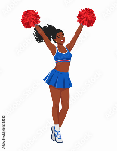 Energetic young cheerleader with vibrant red pom-poms captures the excitement of school spirit and athletic performance.