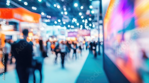 Business Exhibition Blur: A vibrant, intentionally blurred shot captures a bustling exhibition hall, filled with diverse attendees and exhibits, creating a sense of dynamic engagement.