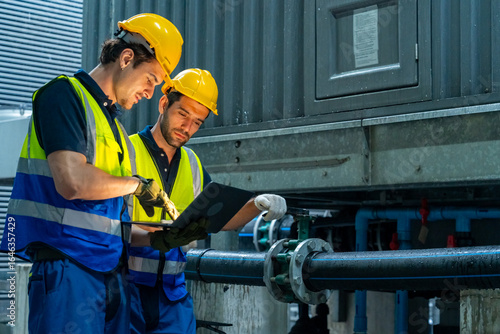 Industrial engineer teamwork maintenance pipeline valves air HVAC cooling systems at construction site. Male technician in safety uniform inspect building exterior pipeline valves or plumbing systems.