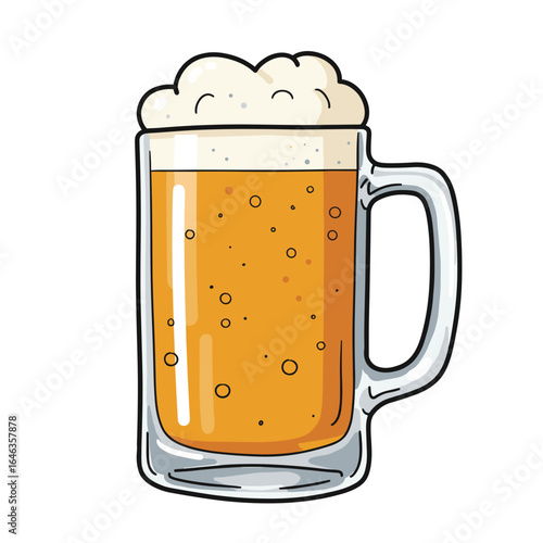 Beer mug filled with amber liquid and frothy foam on top  
