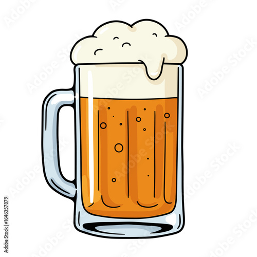 Beer mug filled with frothy golden lager on white background  