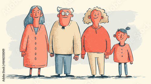 Family portrait of grandparents with parents and child in colorful attire  