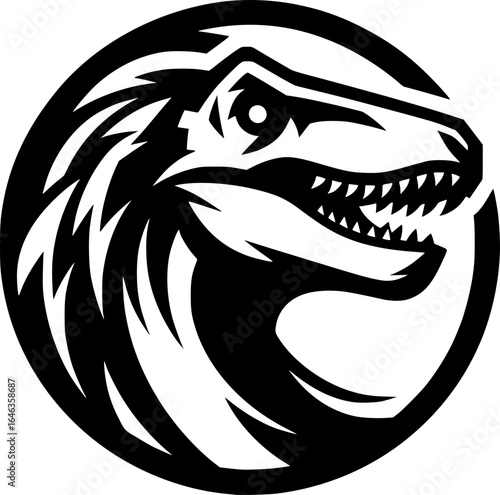 Black and white vector of a Velociraptor profile in bold line art, solid black on white, high contrast, minimal detail, aggressive pose, esports and gaming logo style.
