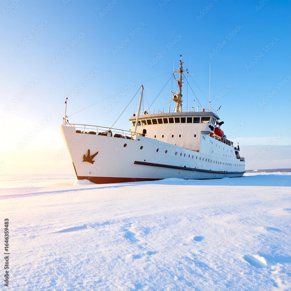 Naklejka premium White ship on frozen lake at sunrise