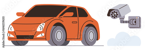 Orange compact car driving near mounted security camera monitoring area. Ideal for transportation, surveillance, safety, technology, urban design, monitoring, security themes. Simple flat metaphor
