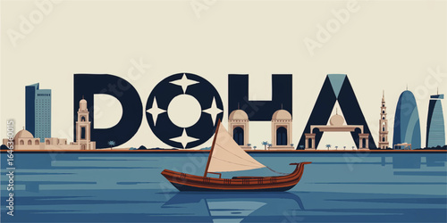 Doha Skyline Illustration with Traditional Dhow Boat, Modern and Historic Landmarks, Iconic Architecture, and Waterfront View