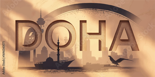 Doha Qatar Skyline Illustration with Traditional Dhow Boat, Iconic Towers, Modern Architecture, and Desert Tones for Travel and Tourism