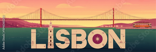 Lisbon Portugal Skyline Illustration with Iconic Bridge, Tram, and Belem Tower at Sunset for Travel and Tourism Design