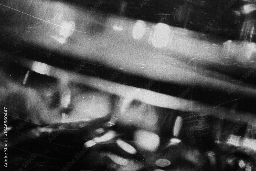Obraz premium Old film texture with scratches, noise and glitch shapes. Realistic overlay film texture in black-white, dust and grain. Distressed retro movie or photo negative effect of cinema nostalgia.